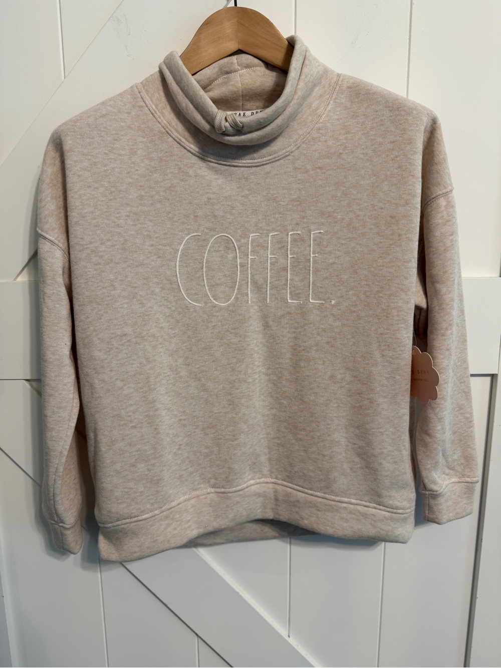 New Rae Dunn XS Coffee Embroidered Cowl Neck Sweatshirt Oatmeal Cozy Fleece